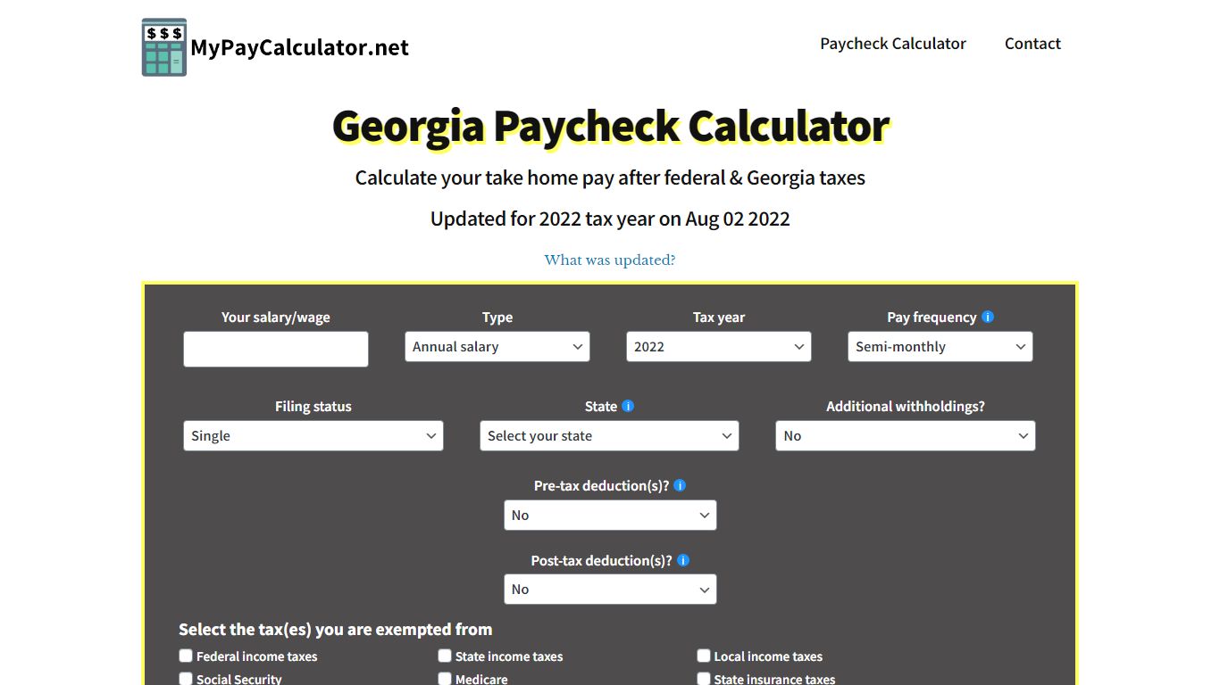 Georgia Paycheck Calculator | Tax year 2022 - MyPayCalculator.net